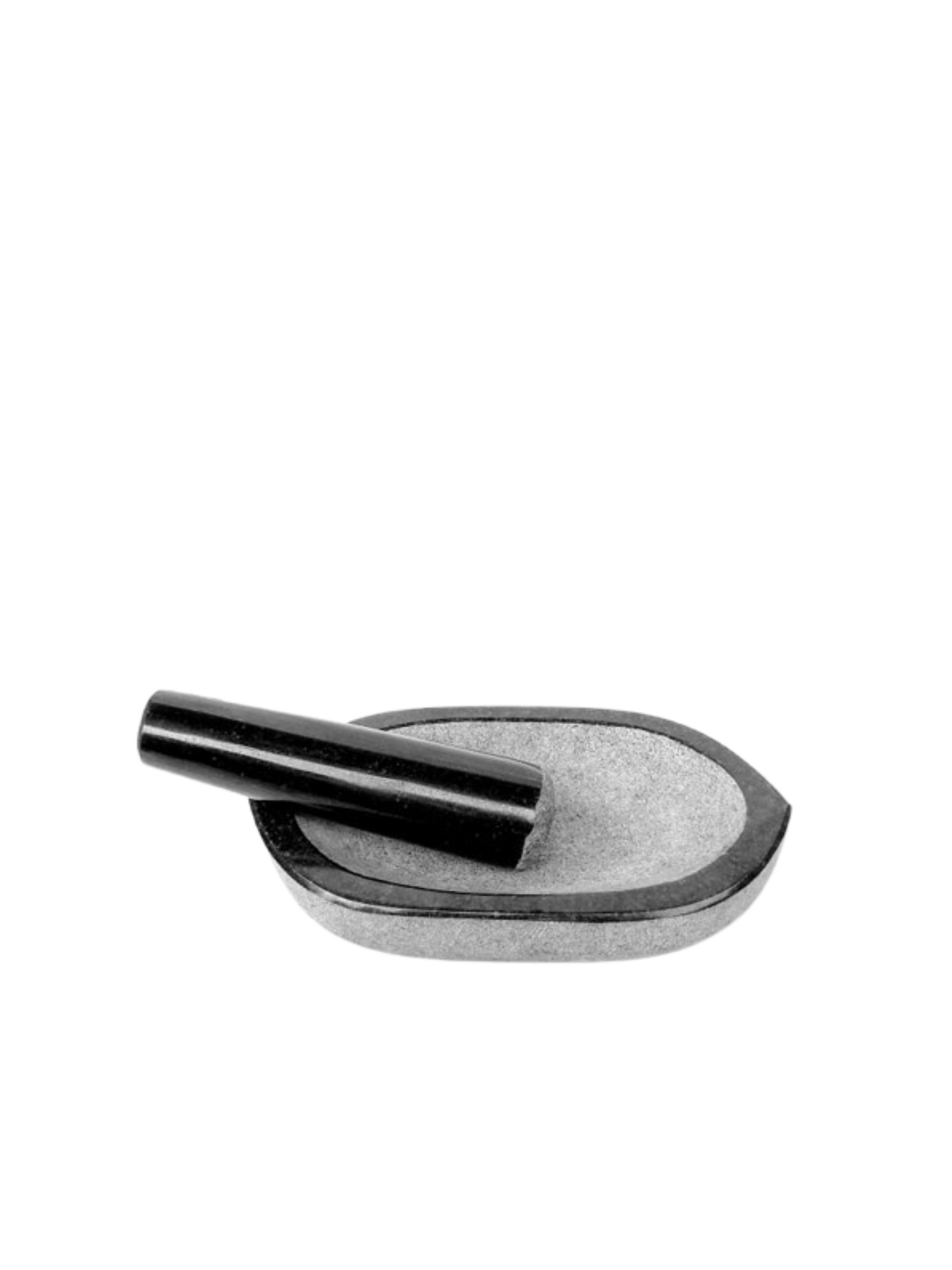 Polished stone Kharal with handle on white background.