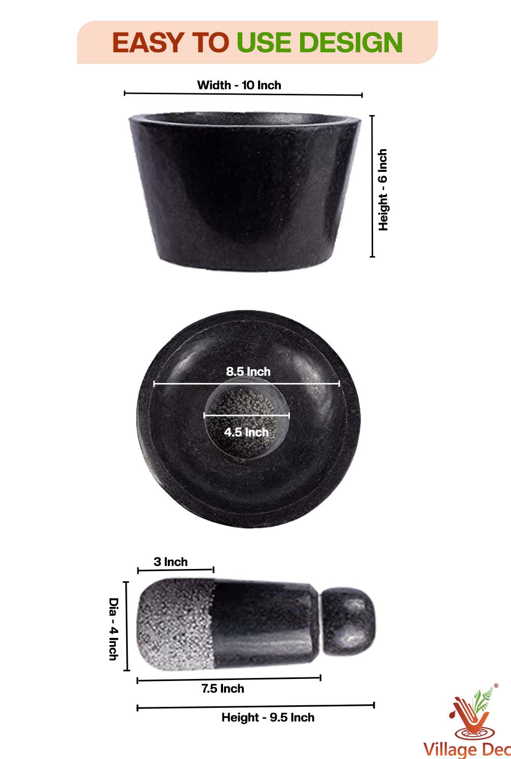 Detailed dimensions of Attukal showing pestle and mortar measurements.