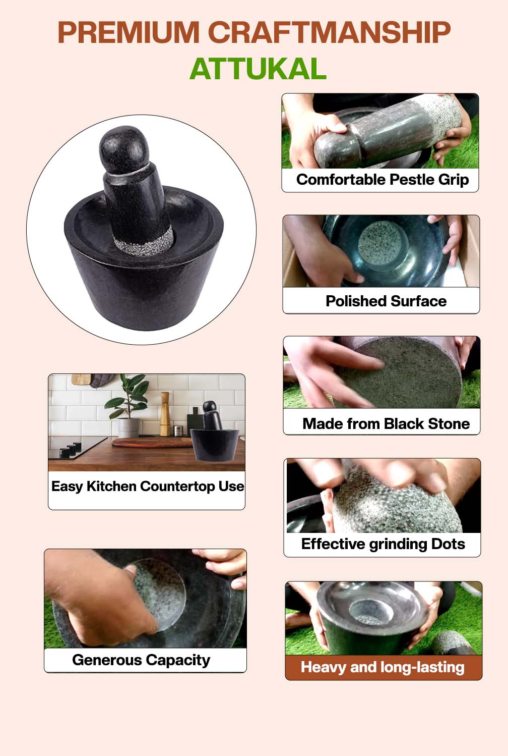 Attukal stone grinder showing premium craftsmanship – easy-to-hold pestle, polished surface,effective grinding dots, countertop fit.