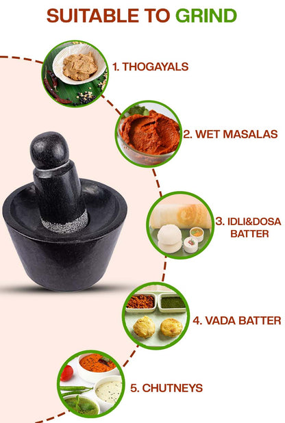 Traditional stone mortar and pestle used for grinding large quantities of thogayals, idli & vada batter, and chutneys etc.,
