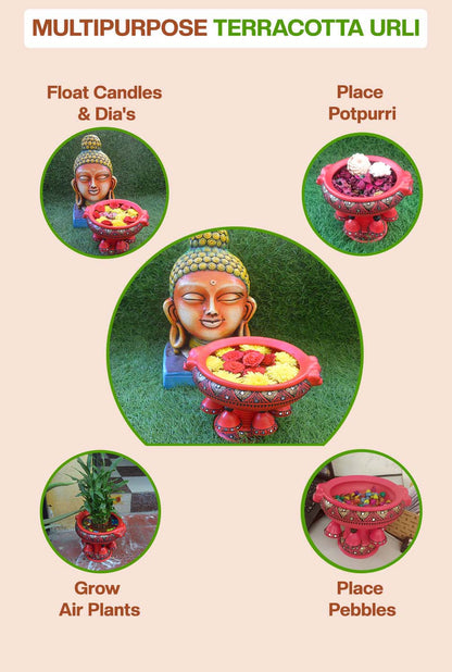 Multipurpose terracotta urli used for floating candles, potpourri, air plants, pebbles, and flower decoration, ideal for home decor and festive displays.
