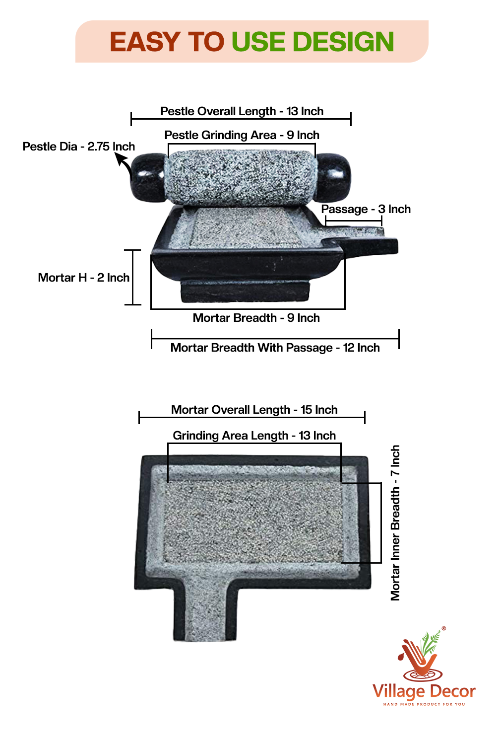 Detailed dimensions of Ammikal stone grinder showing pestle and mortar measurements.