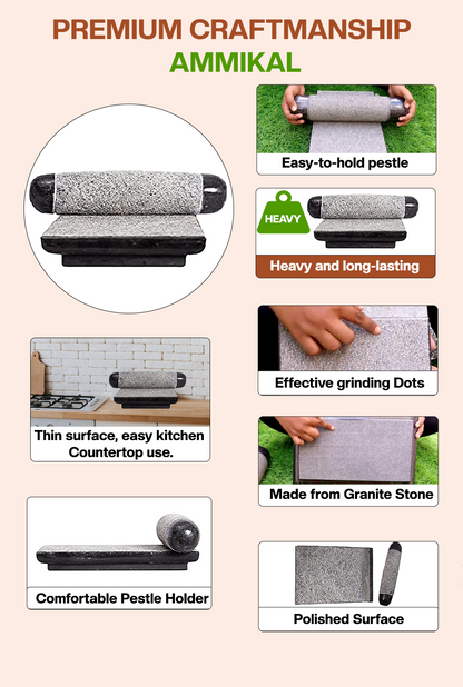 Silbatta stone grinder showing premium craftsmanship – easy-to-hold pestle, drainage, polished surface, spillage control, countertop fit.