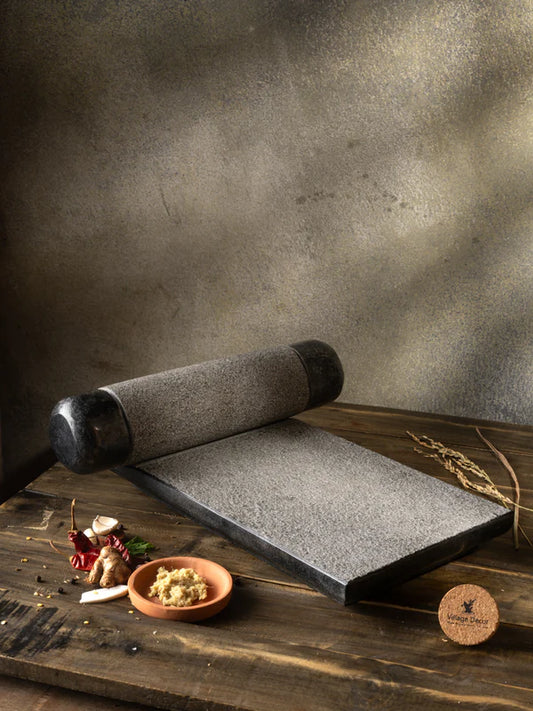 Granite Polished Sil Batta | Ammikallu | Mortar and Pestle, Premium Quality, 100% Natural, Toxin-Free, Traditional Cooking, Heavy-Duty Kitchenware (L x B - 15 inch x 10 inch)