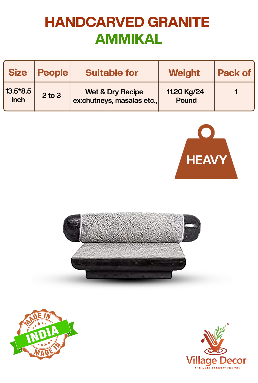 Handcarved black stone Ammikal or Silbatta with size, weight, and usage details – suitable for chutneys and masalas.
