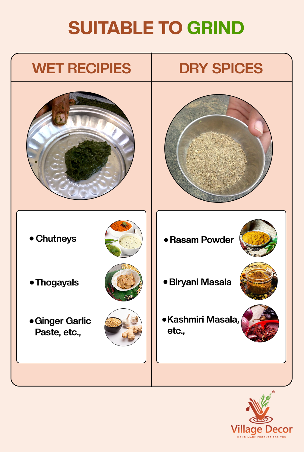 Silbatta uses – suitable for wet recipes like chutneys and thogayals, and dry spices like biryani and rasam powder.
