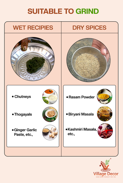 Silbatta uses – suitable for wet recipes like chutneys and thogayals, and dry spices like biryani and rasam powder.
