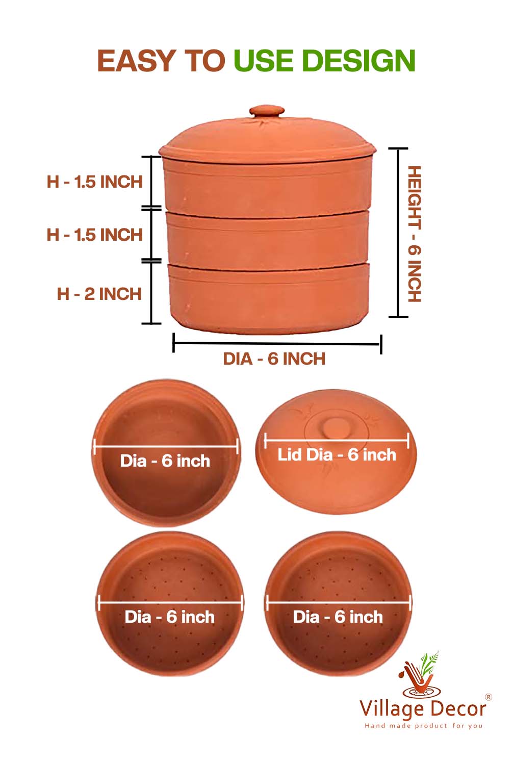 Terracotta sprout maker showing detailed dimensions including height diameter and lid size with top and side views of each compartment for easy understanding.