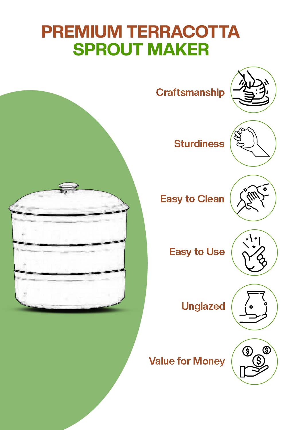 Terracotta sprout maker showing key features like craftsmanship sturdiness easy to clean easy to use unglazed finish and value for money.