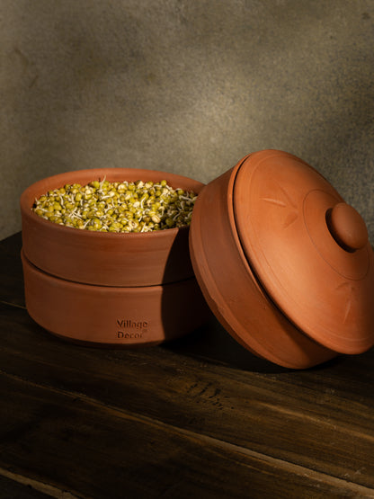 Handcrafted terracotta sprout maker filled with fresh green moong sprouts, placed on a wooden table with warm natural lighting, ideal for healthy and sustainable tableware.