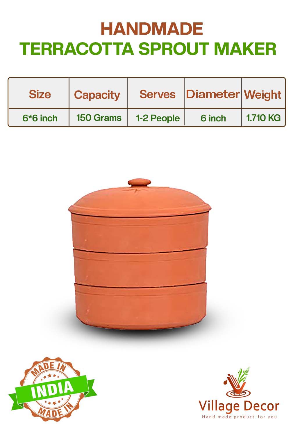 Front view of handmade clay sprout maker with product specifications including size capacity servings diameter and weight clearly displayed.