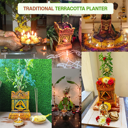 Traditional terracotta Tulsi planters decorated for pooja, festivals, and home altars, showcasing sacred and cultural uses in Indian homes.
