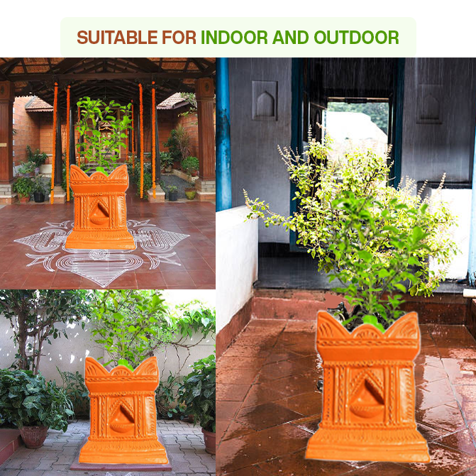 Terracotta Tulsi Pot placed in indoor and outdoor settings, showcasing its durability and suitability for both pooja rooms and gardens.
