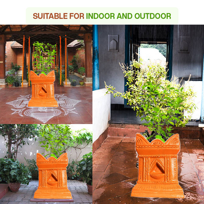 Terracotta Tulsi Pot placed in indoor and outdoor settings, showcasing its durability and suitability for both pooja rooms and gardens.
