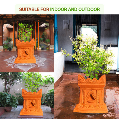 Terracotta Tulsi Pot placed in indoor and outdoor settings, showcasing its durability and suitability for both pooja rooms and gardens.
