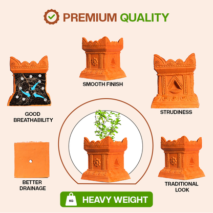Terracotta Tulsi Pot highlighting key features like smooth finish, sturdiness, breathability, drainage, and traditional design for quality and durability.

