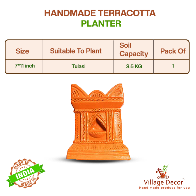 Product details of handcrafted terracotta Tulsi Pot from Village Decor, showing size, soil capacity, and suitability to plant Tulasi.
