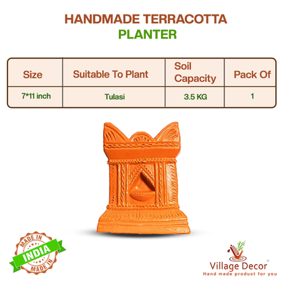 Product details of handcrafted terracotta Tulsi Pot from Village Decor, showing size, soil capacity, and suitability to plant Tulasi.
