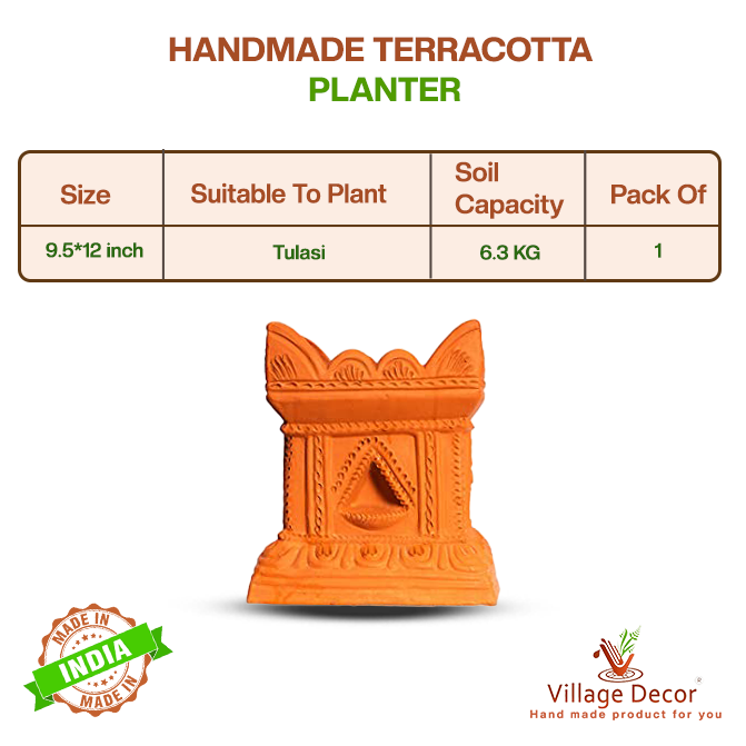 Product details of handcrafted terracotta Tulsi Pot from Village Decor, showing size, soil capacity, and suitability to plant Tulasi.
