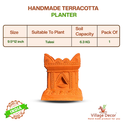 Product details of handcrafted terracotta Tulsi Pot from Village Decor, showing size, soil capacity, and suitability to plant Tulasi.
