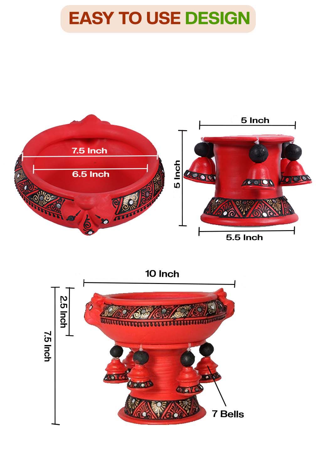 Front and top view of terracotta urli showing detailed size dimensions including diameter and height, with floral handpainting and easy to use design label.