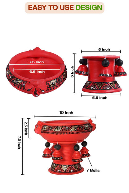Front and top view of terracotta urli showing detailed size dimensions including diameter and height, with floral handpainting and easy to use design label.