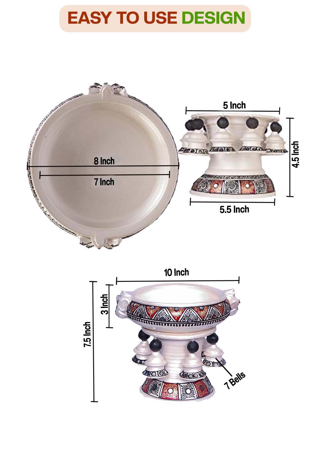 Front and top view of terracotta urli showing detailed size dimensions including diameter and height, with floral handpainting and easy to use design label.