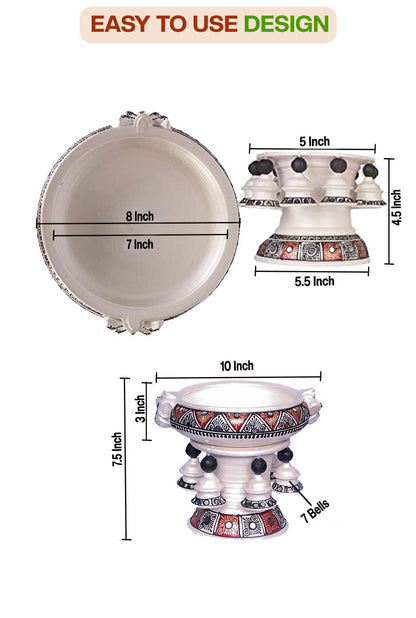 Front and top view of terracotta urli showing detailed size dimensions including diameter and height, with floral handpainting and easy to use design label.