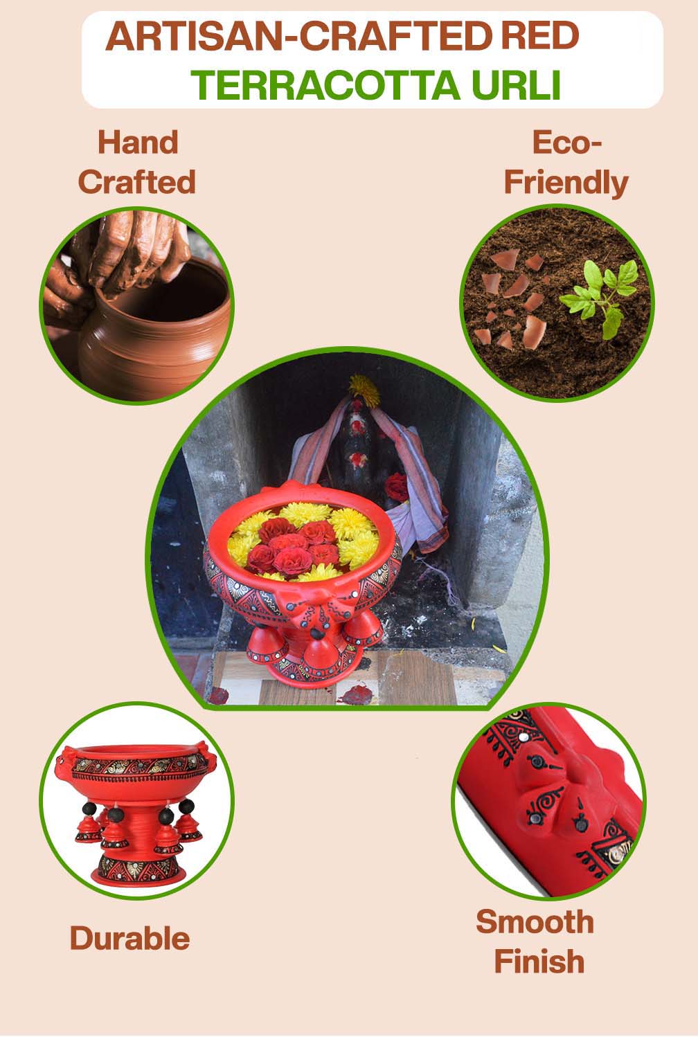 Artisan-crafted terracotta urli placed with a Buddha statue, highlights its handcrafted, eco-friendly, durable, and smooth-finish features for mindful home decor.