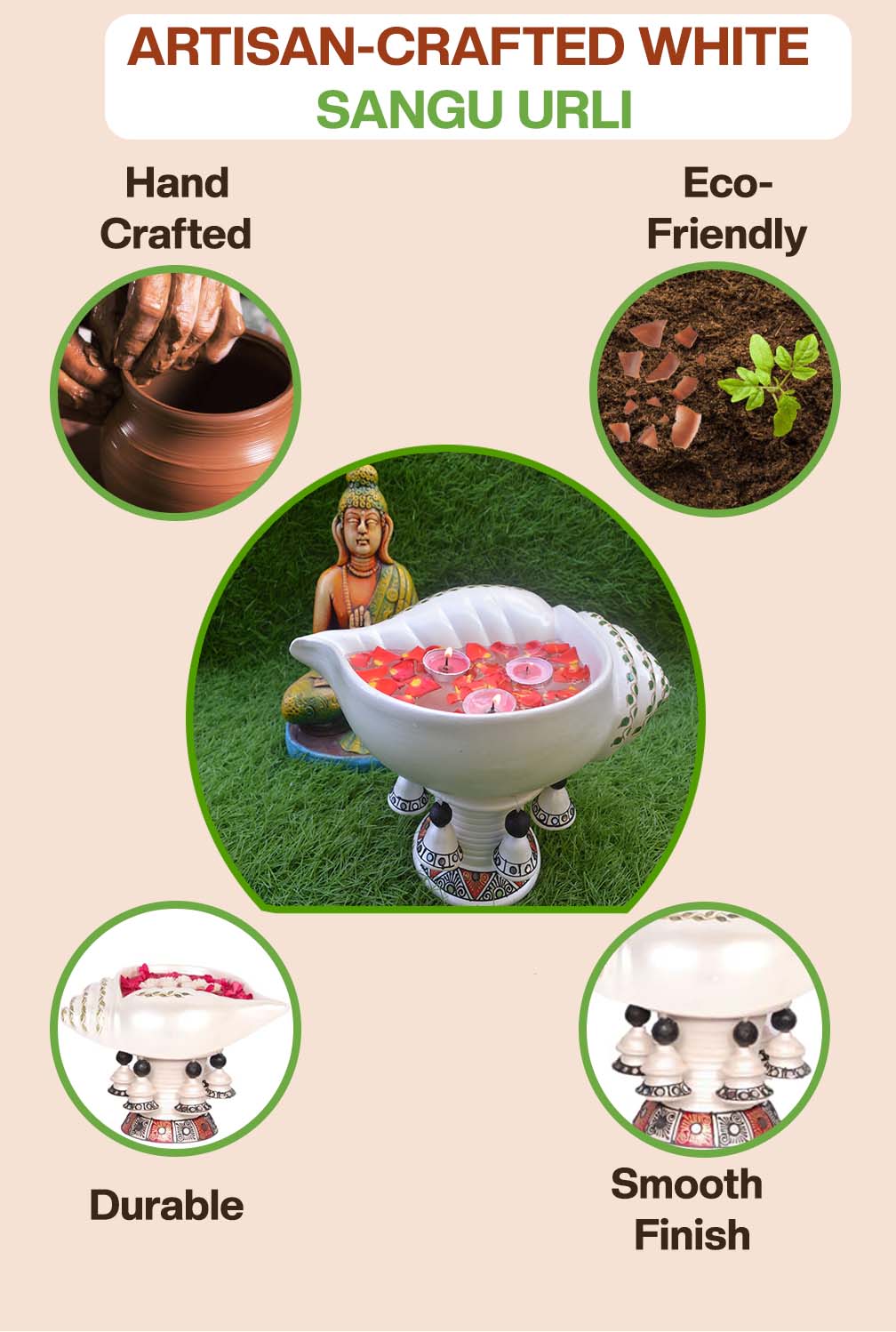 Artisan-crafted terracotta Sangu urli placed with a Buddha statue, highlights its handcrafted, eco-friendly, durable, and smooth-finish features for mindful home decor.