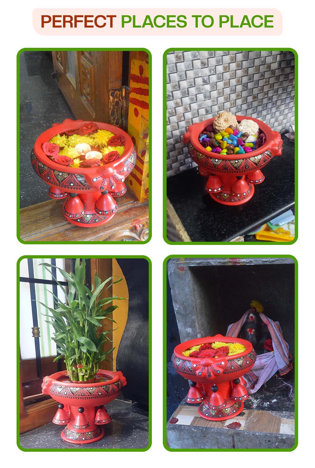 Creative ways to decorate with a terracotta urli used with candles, pebbles, flowers, and plants at home entrances, pooja rooms, and garden spaces.
