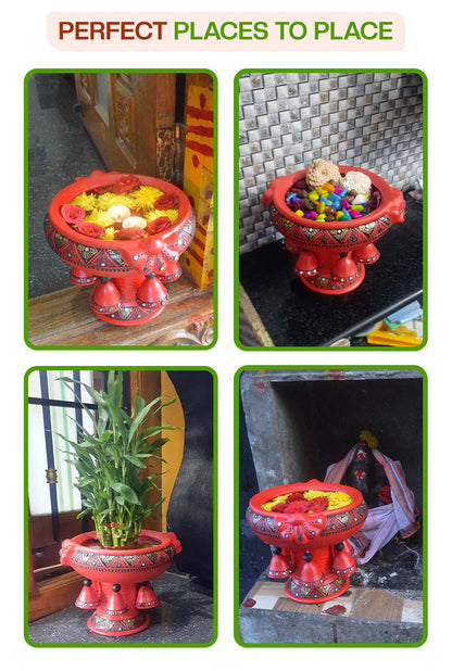 Creative ways to decorate with a terracotta urli used with candles, pebbles, flowers, and plants at home entrances, pooja rooms, and garden spaces.
