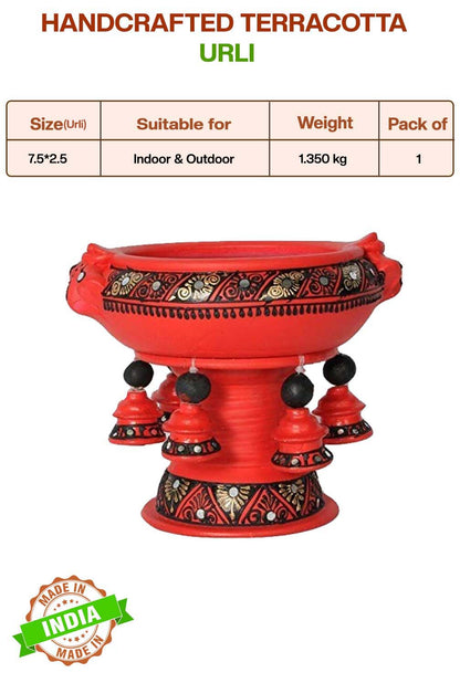 Handcrafted Terracotta urli with product details showing size, suitable for indoor and outdoor use, pack of details.