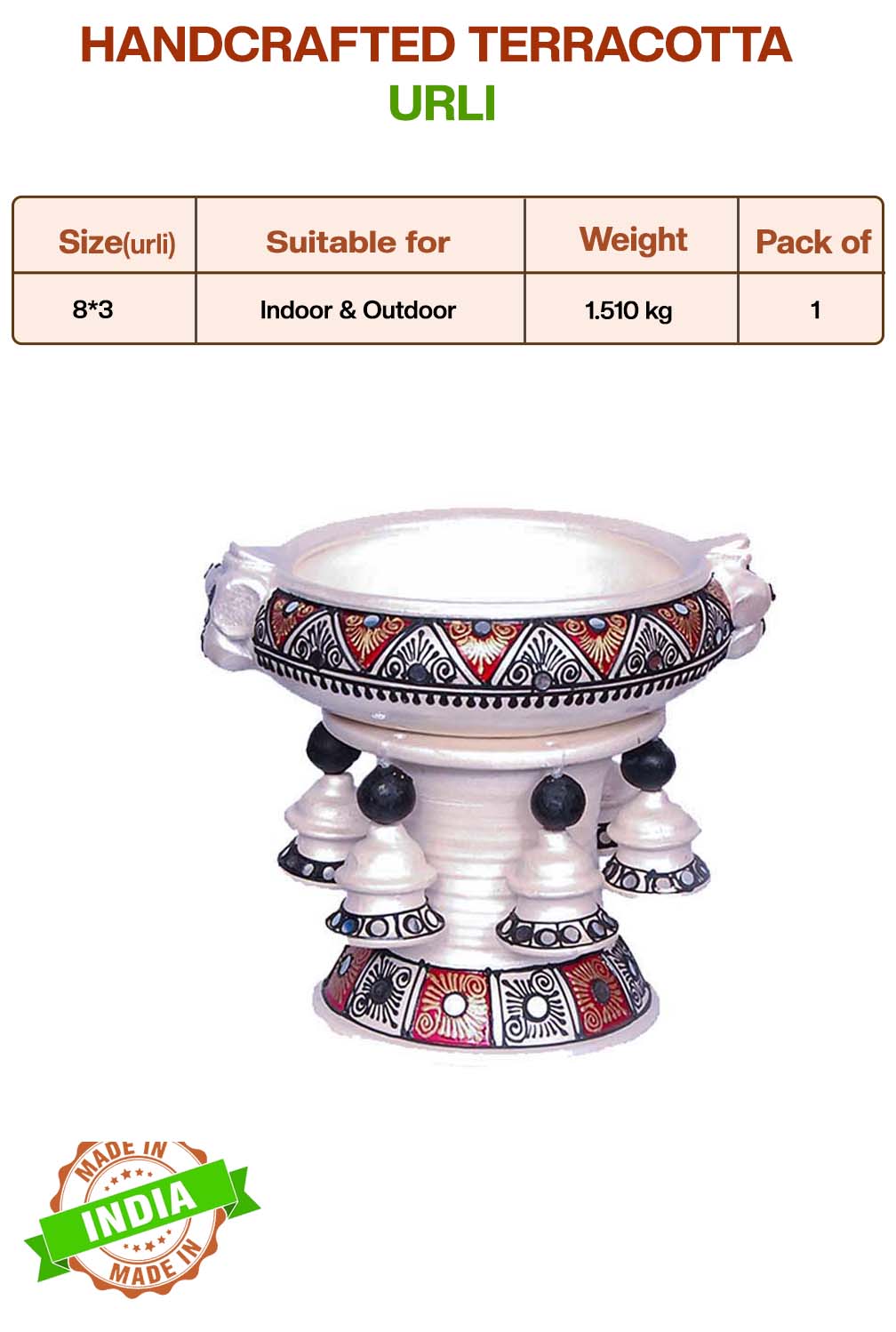 Handcrafted Terracotta urli with product details showing size, suitable for indoor and outdoor use, pack of details.