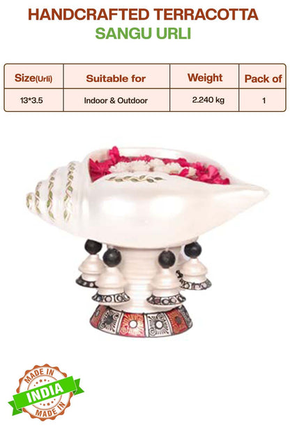 Handcrafted Terracotta Sangu urli with product details showing size, suitable for indoor and outdoor use, pack of details.