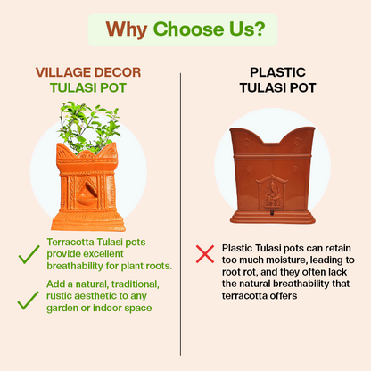 Comparison of Village Decor terracotta Tulsi pot and plastic Tulsi pot, highlighting better breathability, aesthetics, and plant health benefits of terracotta.

