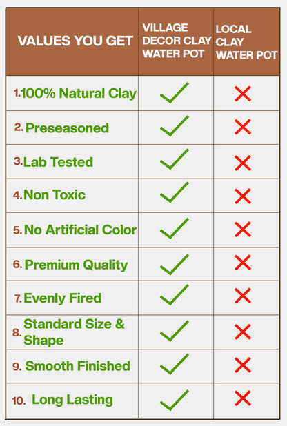 Comparison chart showing the benefits of Village Decor clay water Pot over local clay pots, highlighting features like 100% natural clay, lab tested, non-toxic, pre-seasoned, and premium quality.
