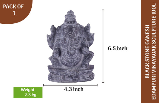 Black stone Ganesha idol with 9 inch height and 6 inch width, handcrafted sculpture for pooja and home decor use.
