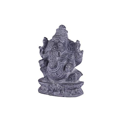 Left side view of handcrafted black stone Ganesha idol with intricate carvings for spiritual and decorative use.
