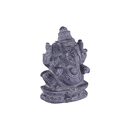 Side angle view of black stone Ganesha idol showing detailed carvings, handcrafted sculpture for pooja and decor.
