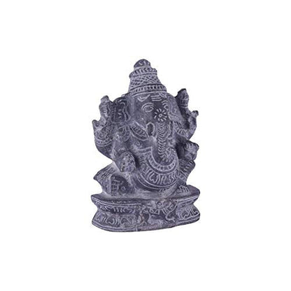 Side angle view of black stone Ganesha idol showing detailed carvings, handcrafted sculpture for pooja and decor.
