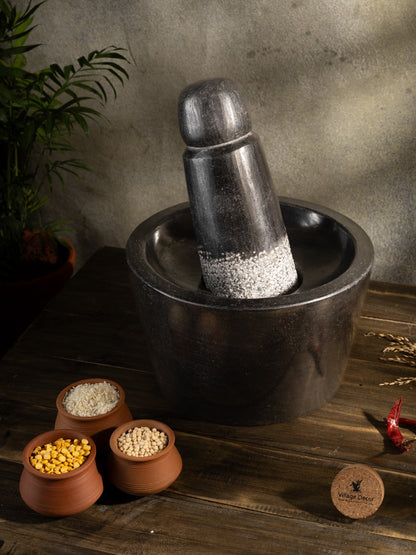 Black Stone Polished Attukal | Rubbu Rolu | Mortar & Pestle for home and kitchen, 100% Traditional and Flavourful cooking, (B * H - 10 * 6 Inch)