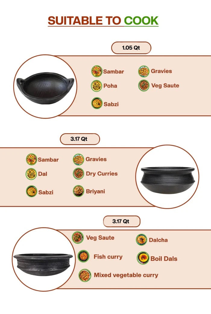 Black clay cookware combo in 3.17Qt pots and 1.05 Qt kadai, suitable for cooking sambar, dal, biryani, fish curry, gravies, poha, and vegetable dishes.