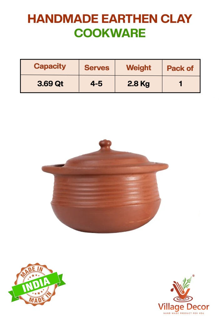 Handmade earthen clay cookware with capacity, serves, weight, and pack information on a white background.