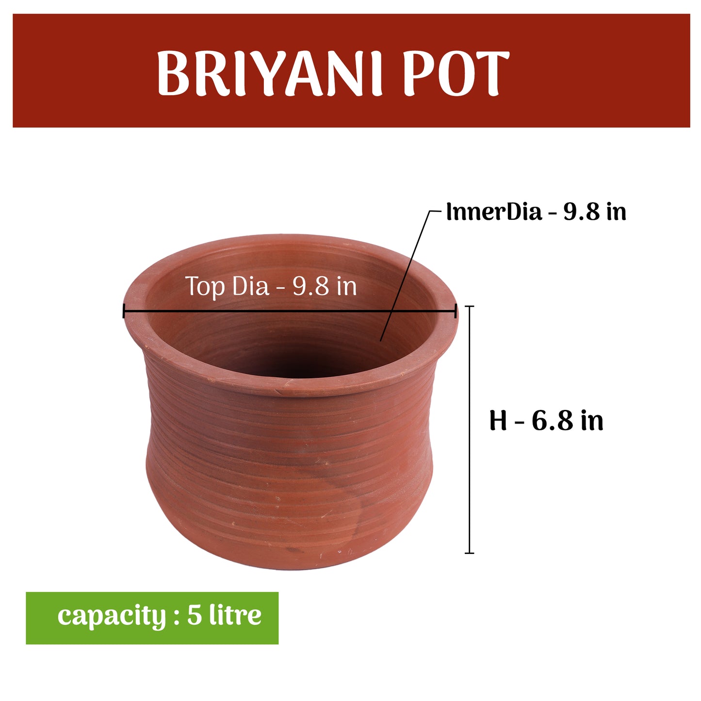 Earthen Clay Biryani Pot – 5 Liter | Mitti Ke Bartan, Traditional Cooking, Handmade, 100% Toxin Free